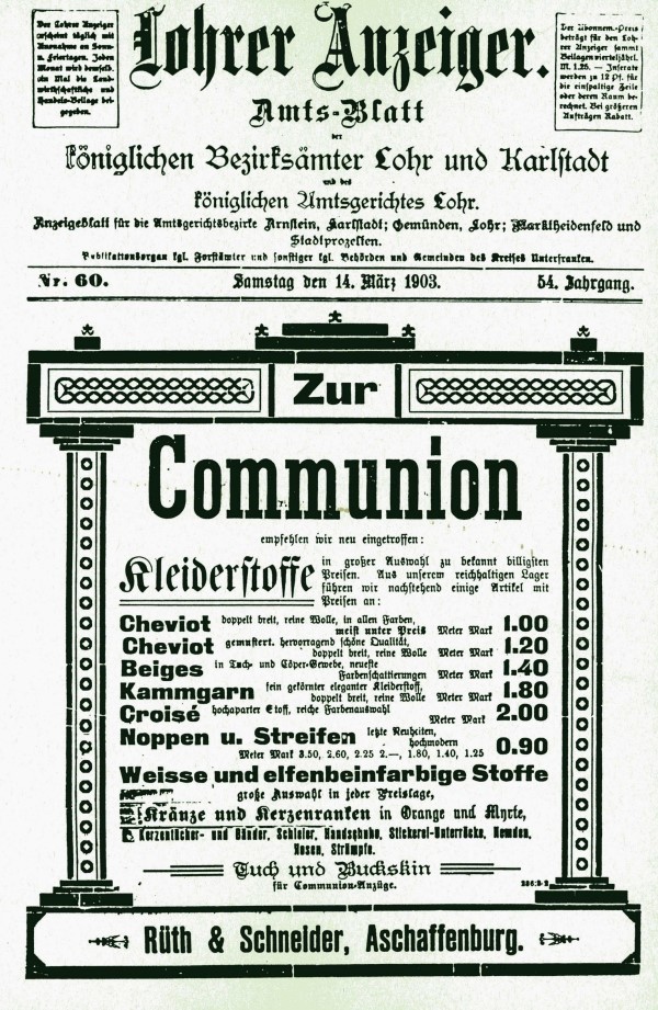Titelseite („Zweites Blatt“), Lohrer Anzeiger vom 14. März 1903