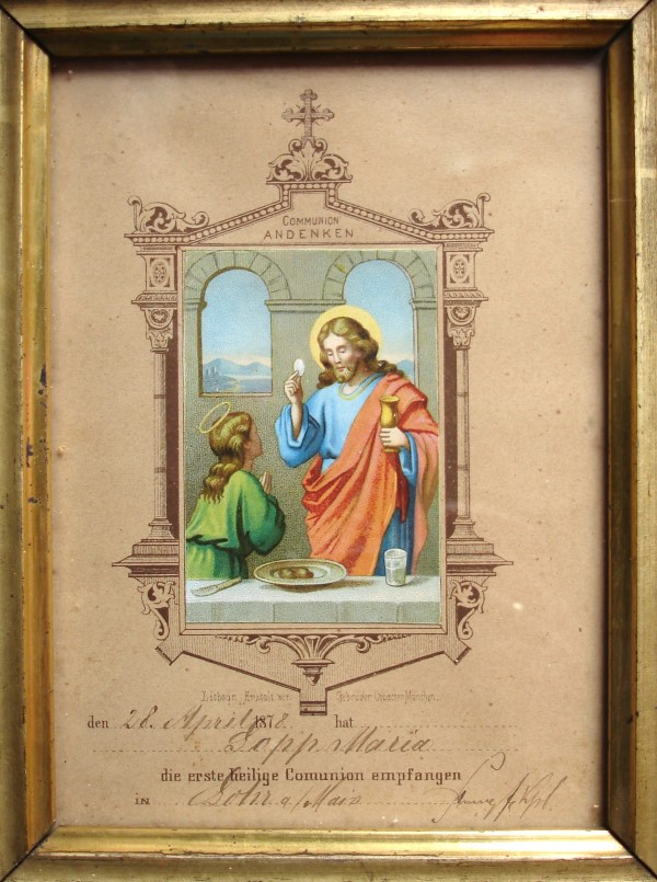 Offizielles Erinnerungsbild des Lohrer Pfarramtes 1878 für die Kommunikantin Maria Sopp