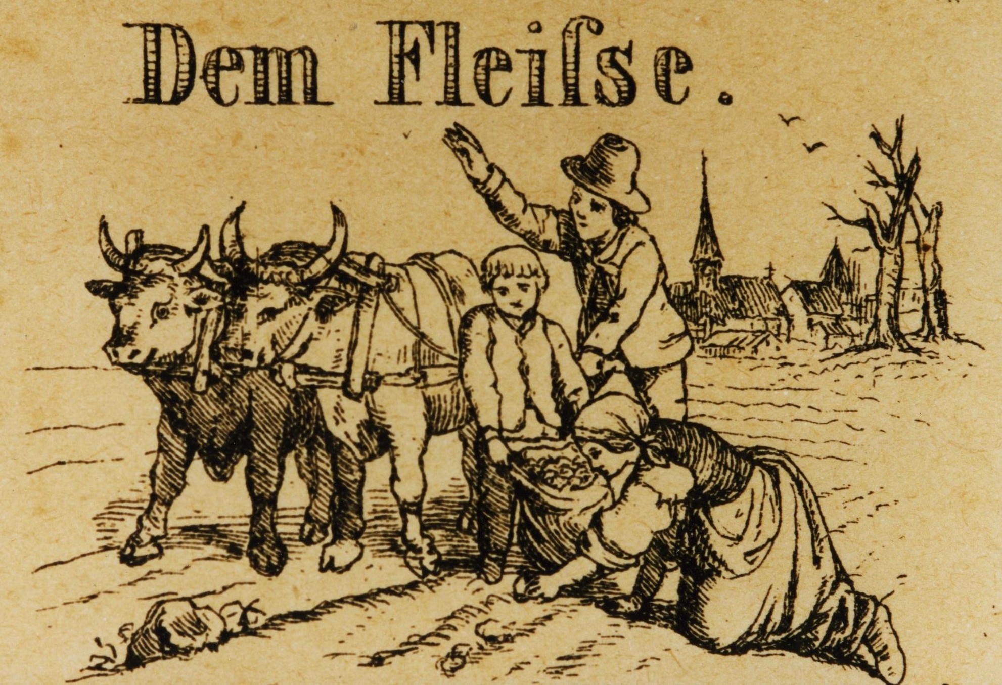 „Dem Fleie“, darstellend die Kartoffelernte, Fleibildchen um 1900