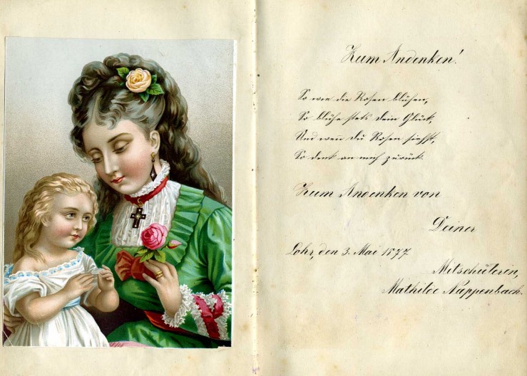 Doppelseite aus dem Poesiealbum der Lohrerin Babette Vogt (geboren 1863, gestorben 1939) mit Einträgen aus den Jahren 1877-1882, in dieser Zeit Schülerin des Lehrerinnen-Seminars in Aschaffenburg.