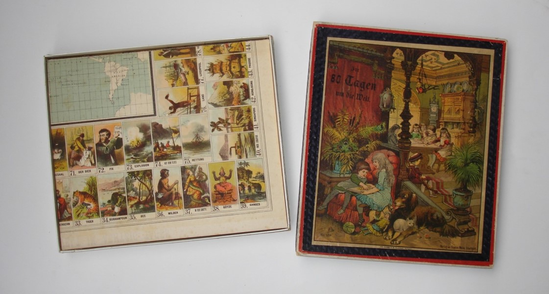 „In 80 Tagen um die Welt.“ Deckelillustration eines Wrfelspiels um 1900