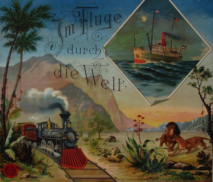 „Im Fluge durch die Welt.“ Deckelillustration eines Krtchenspiels um 1910
