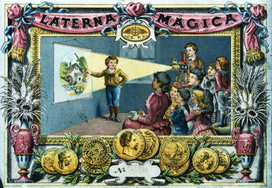 Deckelillustration auf einer Verpackungsschachtel für die Laterna magica um 1900