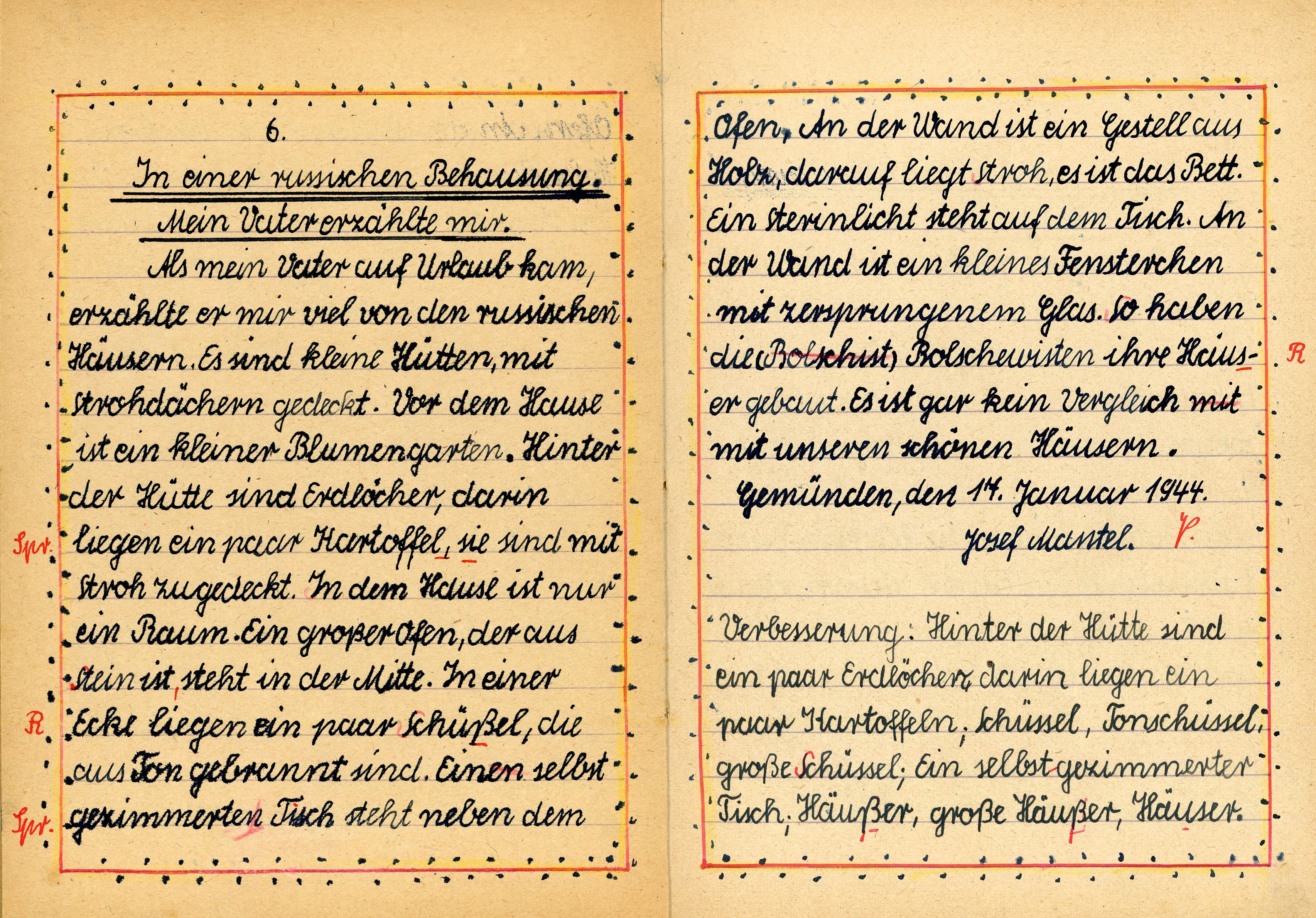 Deutsche Normalschrift (ab dem Schuljahr 1941/42;  siehe Rundschreiben der NSDAP am 3. Januar 1941.) - Doppelseite aus einem Aufsatzheft im Schuljahr 1943/44