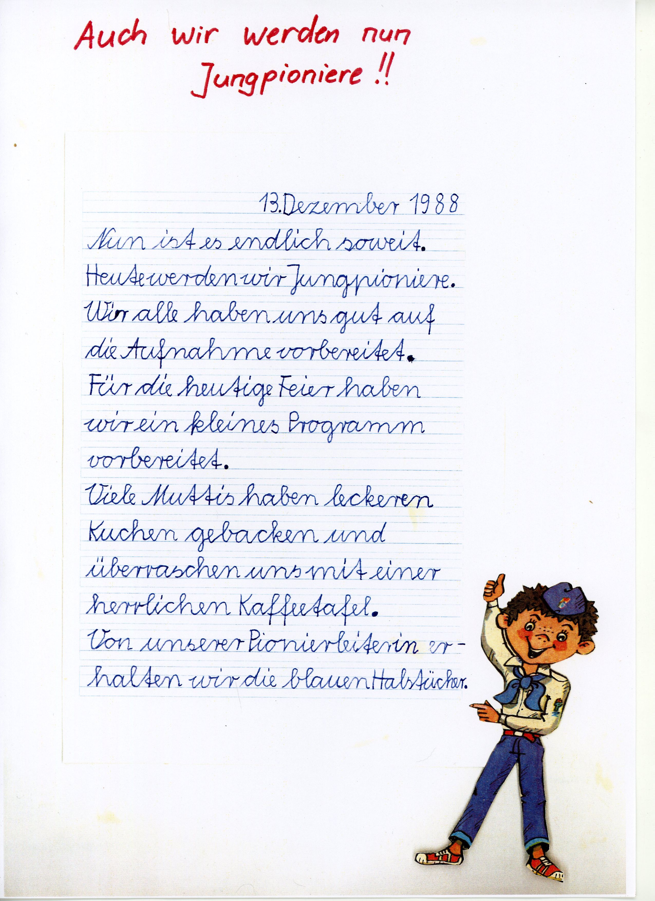 Vereinfachte Ausgangsschrift der DDR (ab 1968); Schriftblatt eines Erstklssler – Aufnahme in die Kinderorganisation "Jungpioniere" der DDR im Rahmen einer entsprechenden Feier