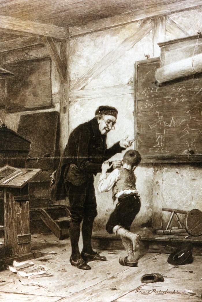 „Ein verkanntes Genie“ - die Lehrerkarikatur auf der Schulwandtafel hat schmerzhafte Folgen fr den kleinen Karikaturisten. (Holzstich um 1890; Repro: Udo Kleinfelder, Lohr)