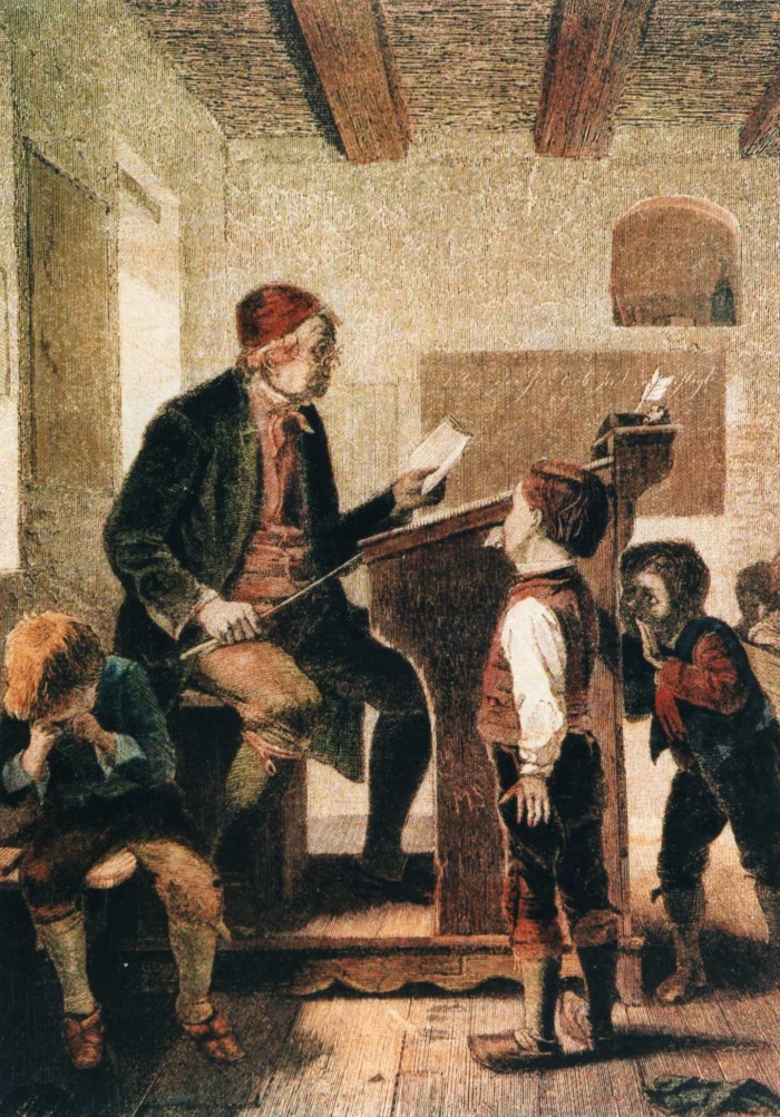Der „konservative“ Lehrer – der Rohrstock war sein wichtigstes Erziehungsmittel. Titel des Bildes: „Eine schwbische Dorfschule“, (Illustrationsholzstich, 1875, Repro: Udo Kleinfelder, Lohr)
