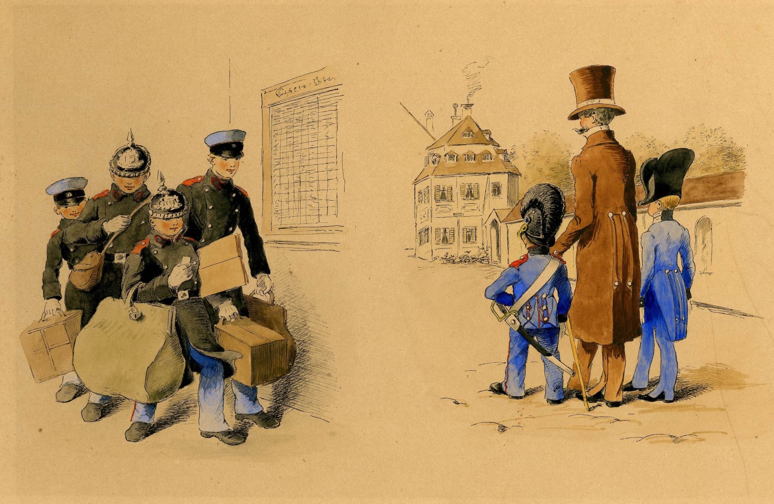Altkolorierte „Skizzen aus dem Cadetten-Leben“, gezeichnet von Marquart Freiherr von Leoprechting, herausgegeben 1890: rechte Gruppe: „Zu Tambosi! Ausgangstag!“, um 1850 (wohl auf dem Weg in ein Cafe); links ein „Eleve“ (Schler der ersten oder zweiten Klasse an der Kadettenschule); rechts ein „Kadett“ (Schler ab der dritten Klasse); linke Gruppe: „In Urlaub mit Handgepck“, um 1890