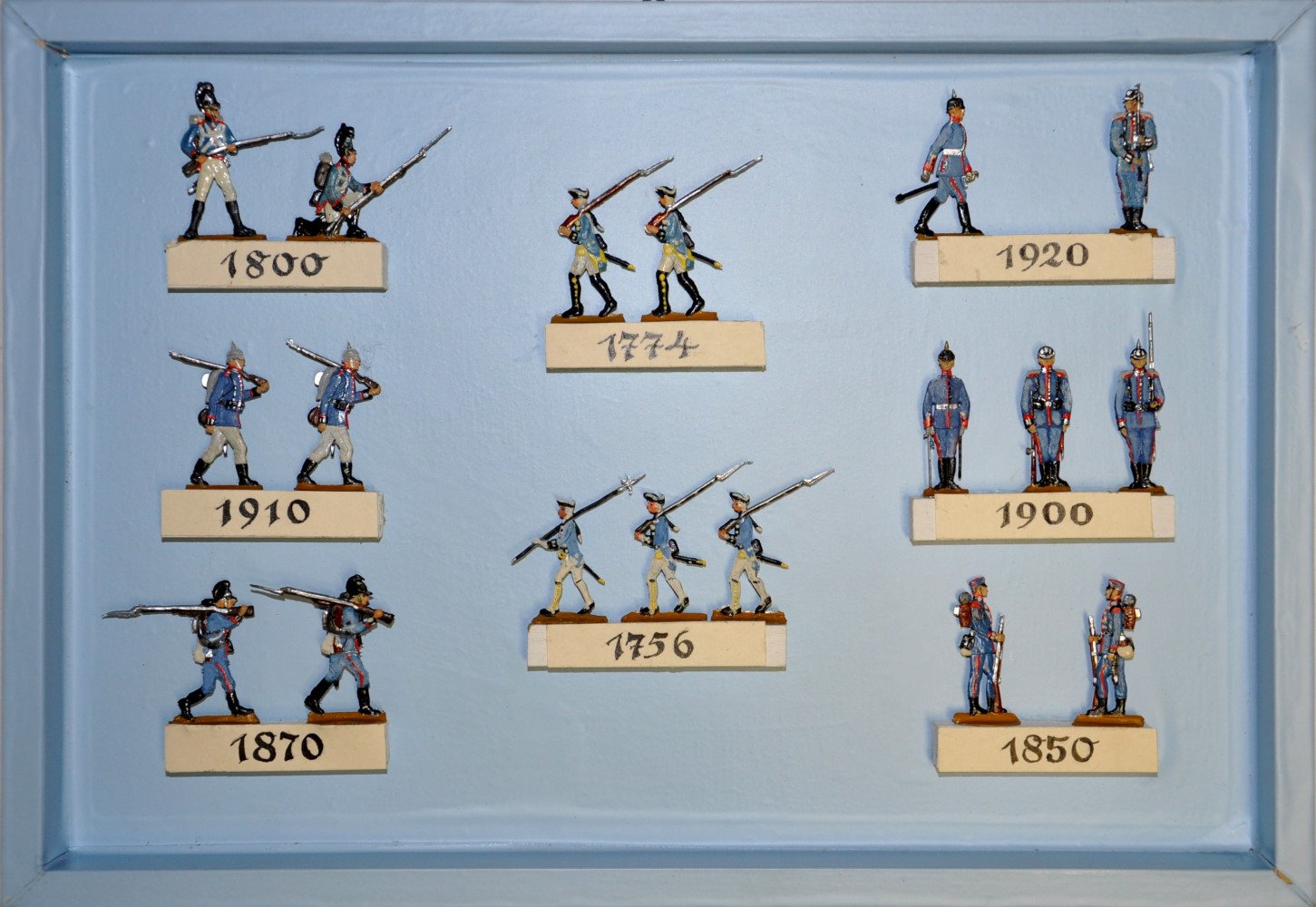 Zinnfiguren-Schaukasten, darstellend die verschiedenen Uniformierungen/Bewaffnungen der bayerischen Kadetten von 1754 bis zur Auflsung 1920.