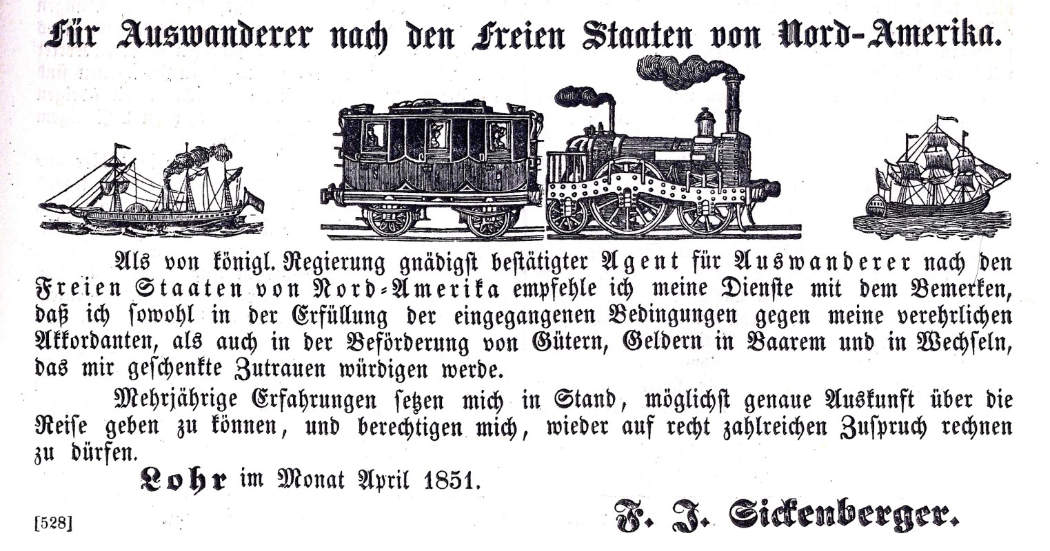 Inserat im „Lohrer Anzeige-Blatt fr Lohr und Umgebung“ am 30. April 1851