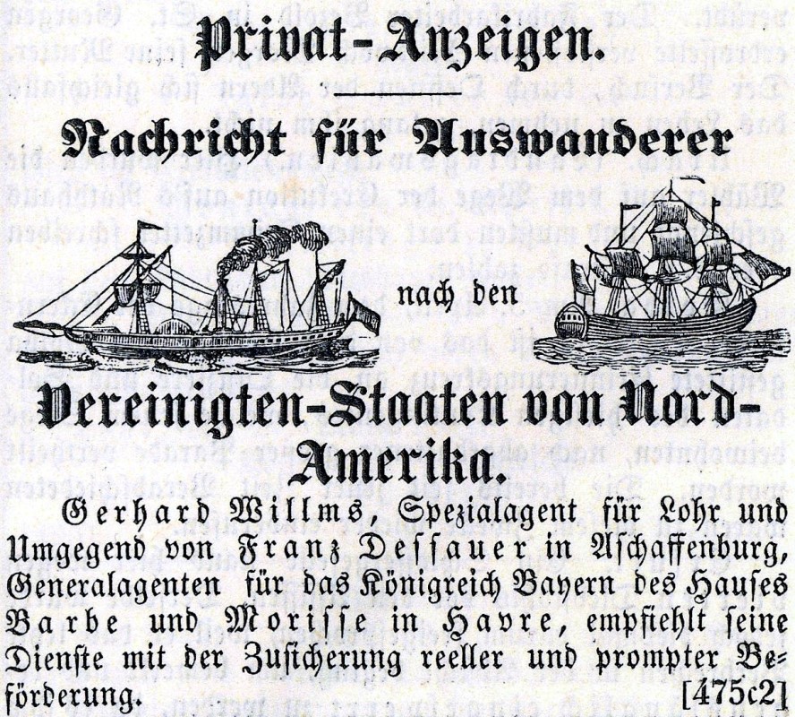 Inserat im „Lohrer Anzeige-Blatt für Lohr und Umgebung“ am 9. April 1851