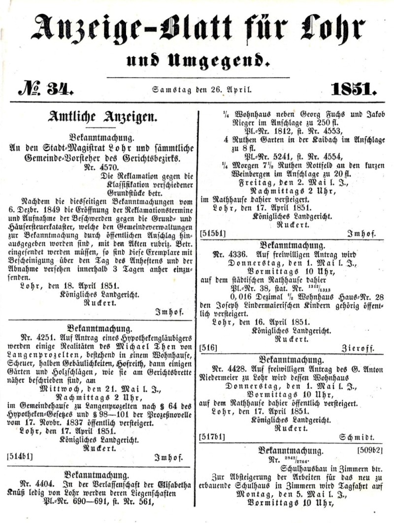„Lohrer Anzeige-Blatt fr Lohr und Umgebung“, Titelseite am 26. April 1851