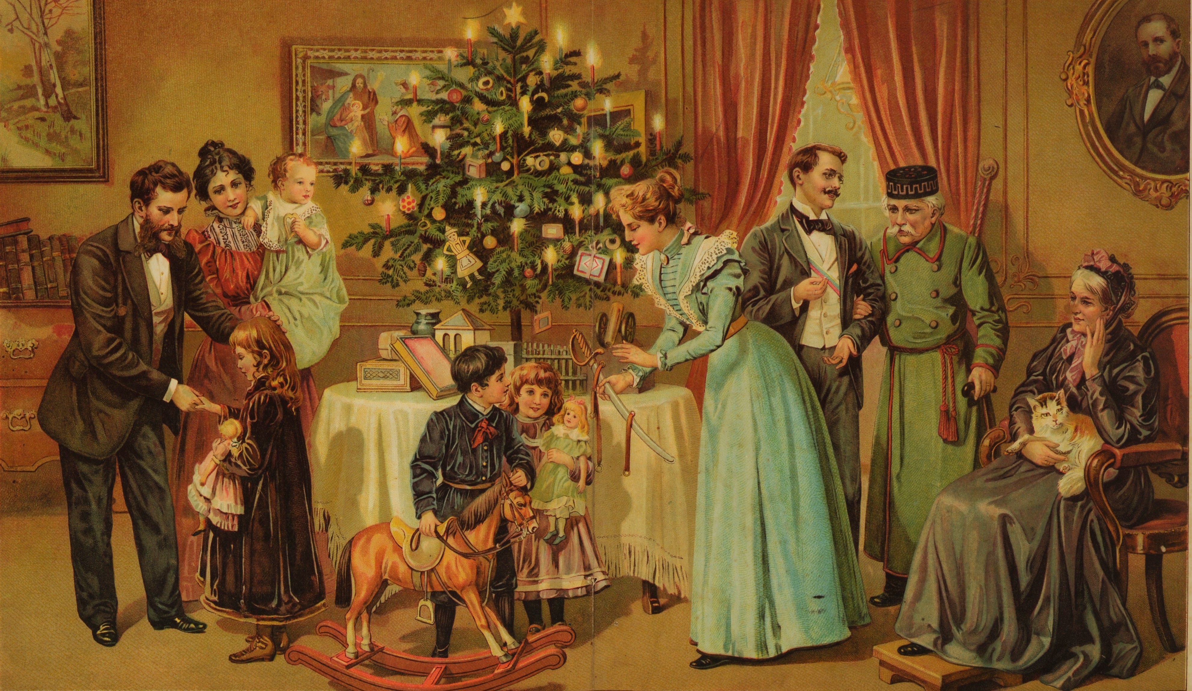 "Ideale" Weihnachtsgaben für Kinder um 1900: Deutlich erkennbar ist die streng getrennte Rollenerziehung von Buben und Mädchen. Während sich die Mädchen auf ihre Aufgaben als Hausfrauen und Mütter im späteren Erwachsenenleben spielerisch vorbereiten sollten, wurde bei den Buben frühzeitig die Lust am Militärischen und die Bereitschaft zum Dienst fürs Vaterland geweckt.