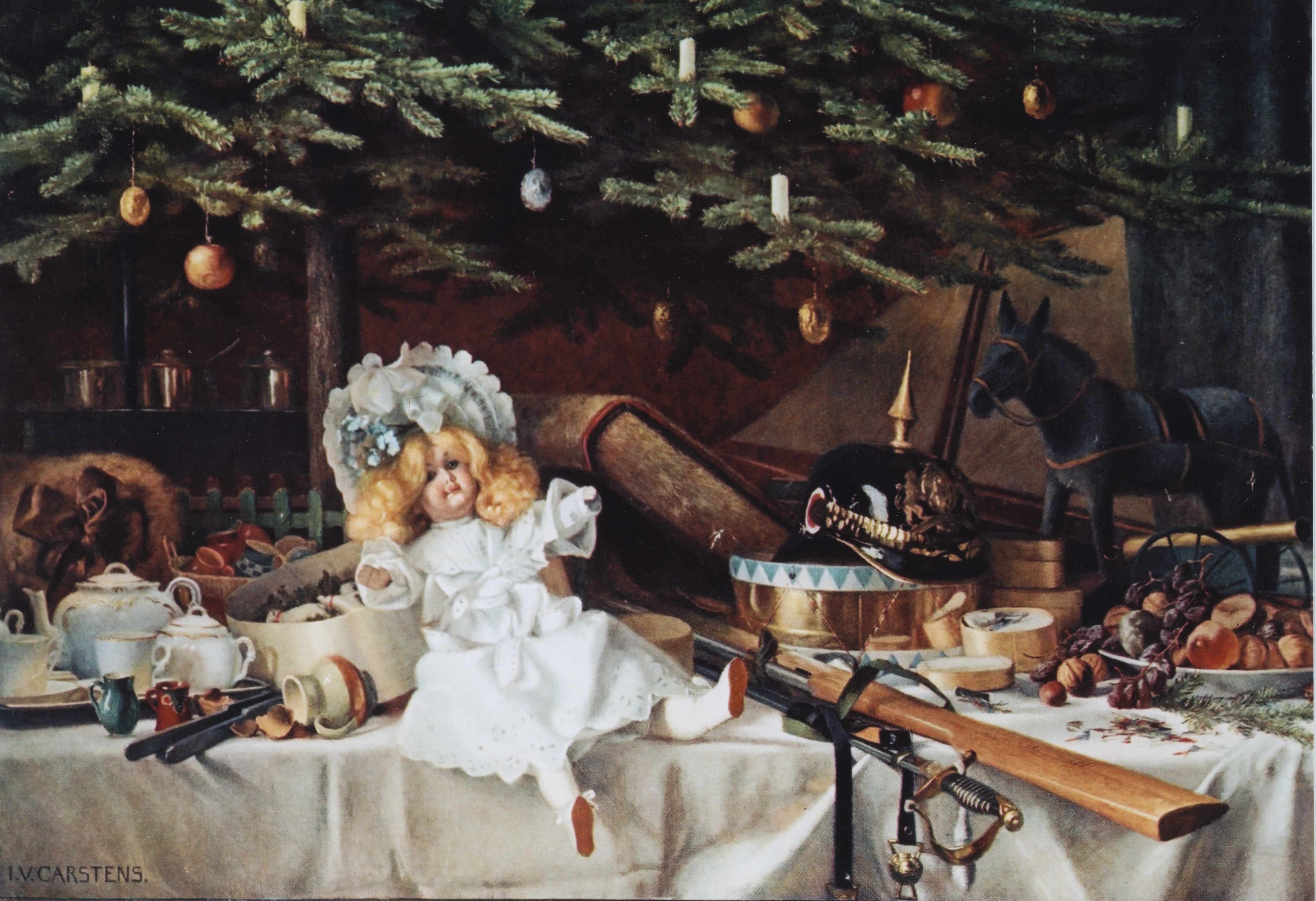 "Ideale" Weihnachtsgaben für Kinder um 1900: Deutlich erkennbar ist die streng getrennte Rollenerziehung von Buben und Mädchen. Während sich die Mädchen auf ihre Aufgaben als Hausfrauen und Mütter im späteren Erwachsenenleben spielerisch vorbereiten sollten, wurde bei den Buben frühzeitig die Lust am Militärischen und die Bereitschaft zum Dienst fürs Vaterland geweckt.
