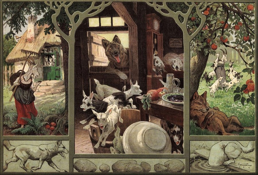 "Der Wolf und die sieben Geilein", Meinholds Schulwandbild um 1905; aus dem Bildarchiv des Lohrer Schulmuseums; (Foto: Bettina Merz)