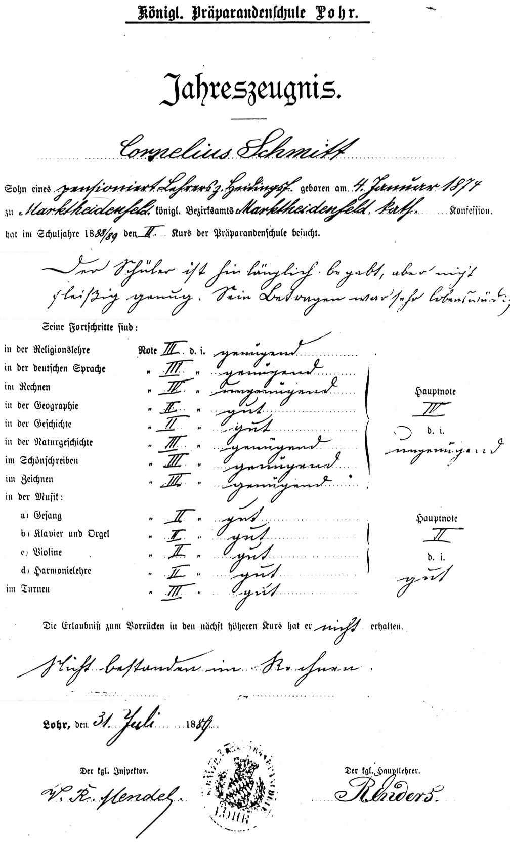 Jahreszeugnis des Prparandenschlers Cornelius Schmitt am 31. Juli 1889: Nicht bestanden im Rechnen