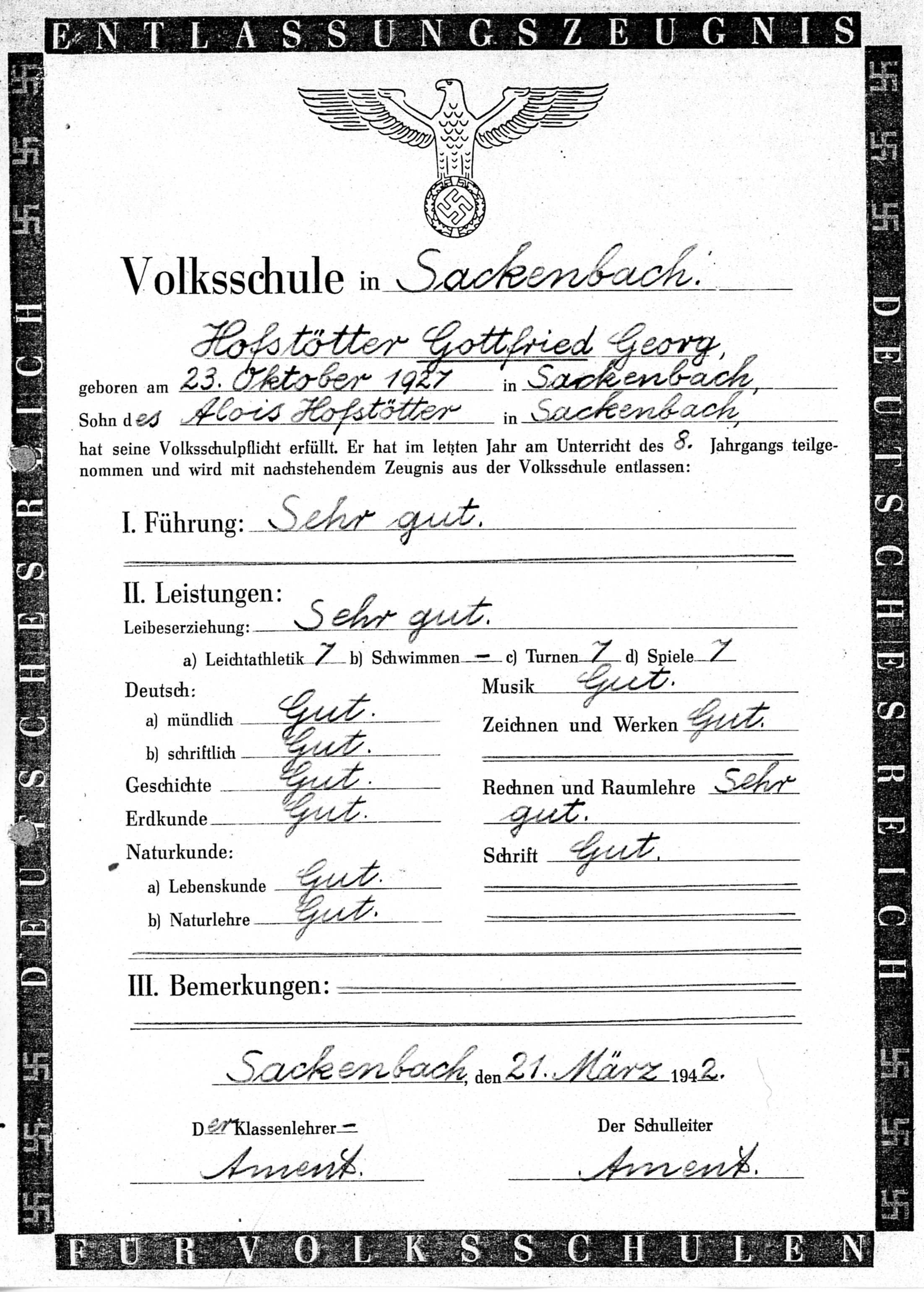 Volkschulabschlusszeugnis aus dem Jahr 1942